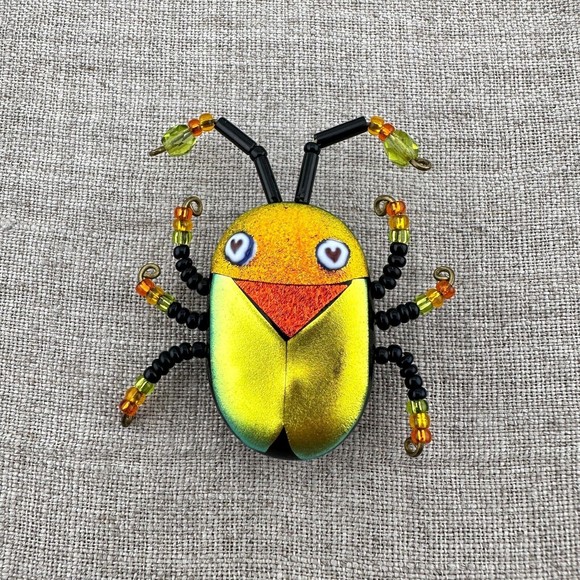 Multicolor Shimmery Dichroic Art Glass Beaded Scarab Bug Insect Brooch 1.5" OOAK